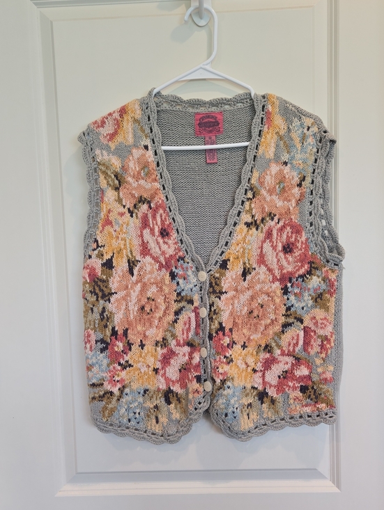 Cambridge Dry Goods Sweaters - Vintage Cambridge Dry Goods Floral Knit Button Vest with Pink & Yellow Blooms